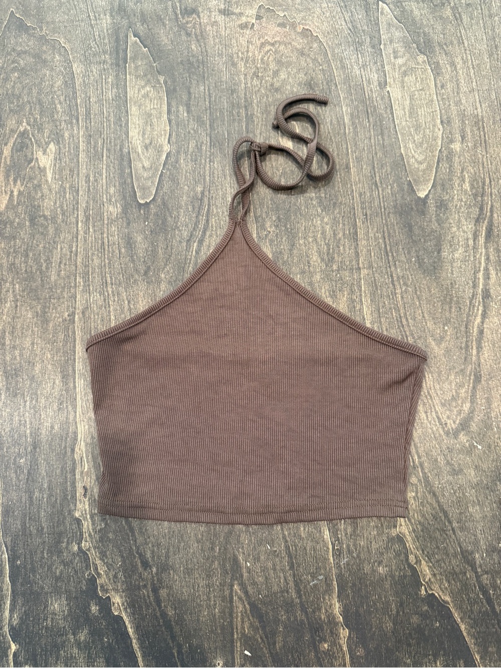 Brown Ribbed Halter Crop Top - Women